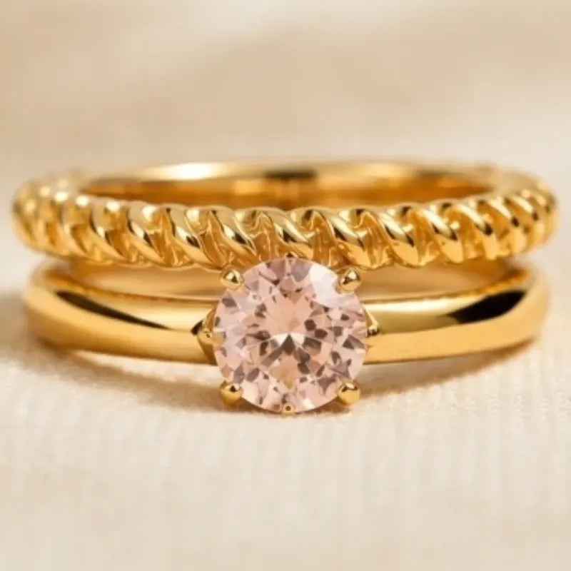 Anillos Mujer Set Solitario Y Trenzado En Acero Inoxidable Dorado 17