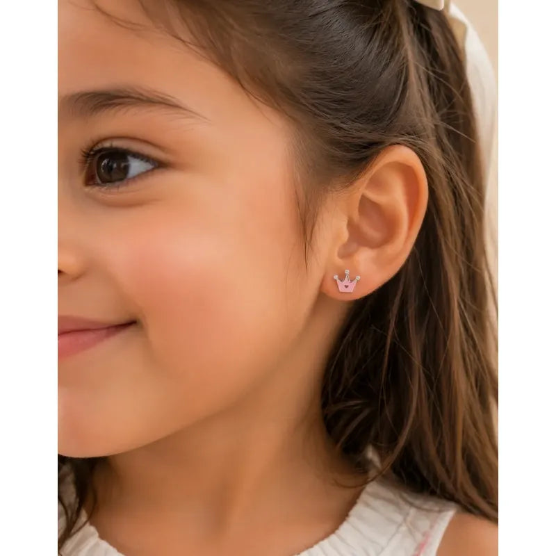 Aros Plata 925 Niña Corona Rosa Brillo Caja Regalo Infantil Rosa