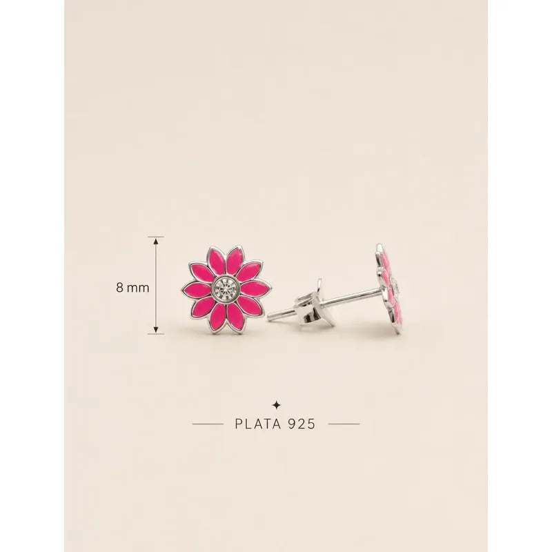 Aros Plata 925 Flor Rosa Niña 8mm Esmaltados Regalo Infantil Rosa Chicle