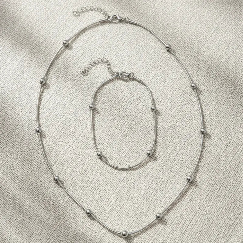 Set Collar Y Pulsera Acero Inoxidable Femenino Plateado Con Balines
