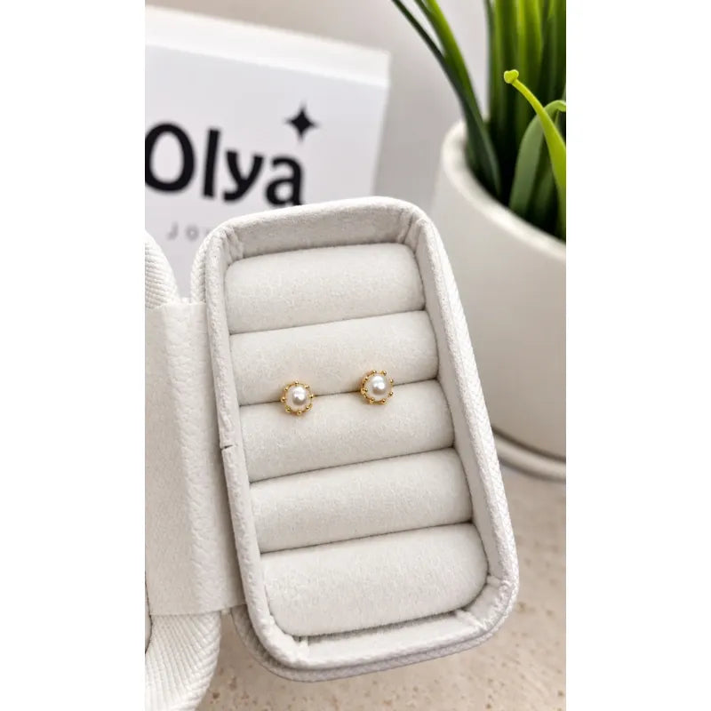 Aros Bebé Niña Perla 4mm Enchapados Oro 18k Tope Seguridad Dorado