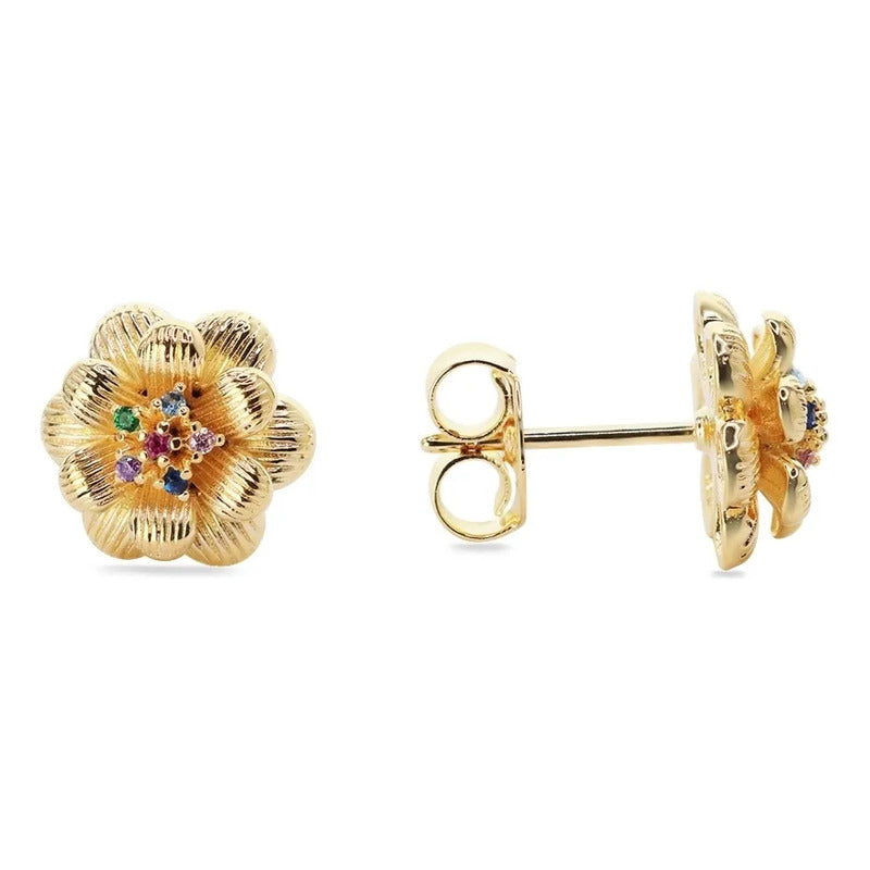 Aros Florales Enchapados En Oro 18k De Mujer Mas Caja Regalo Dorado
