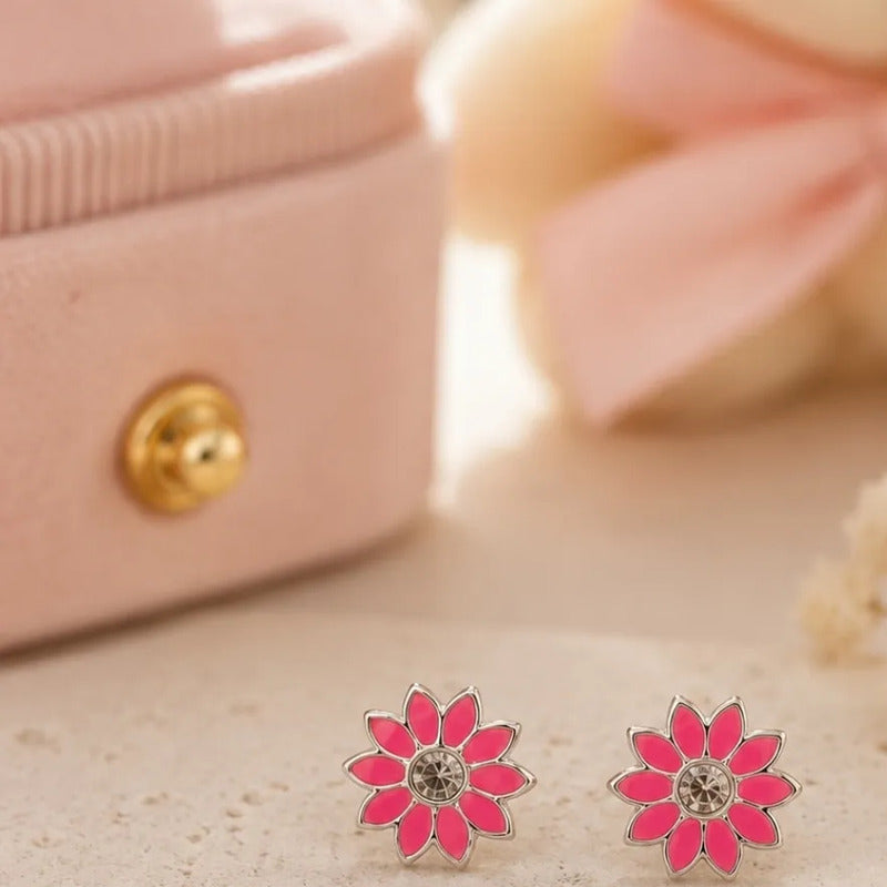 Aros Plata 925 Flor Rosa Niña 8mm Esmaltados Regalo Infantil Rosa Chicle