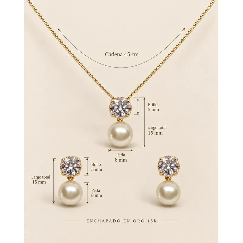 Set Collar Aros Mujer Perla 8mm Enchapado Oro 18k Regalo Dorado
