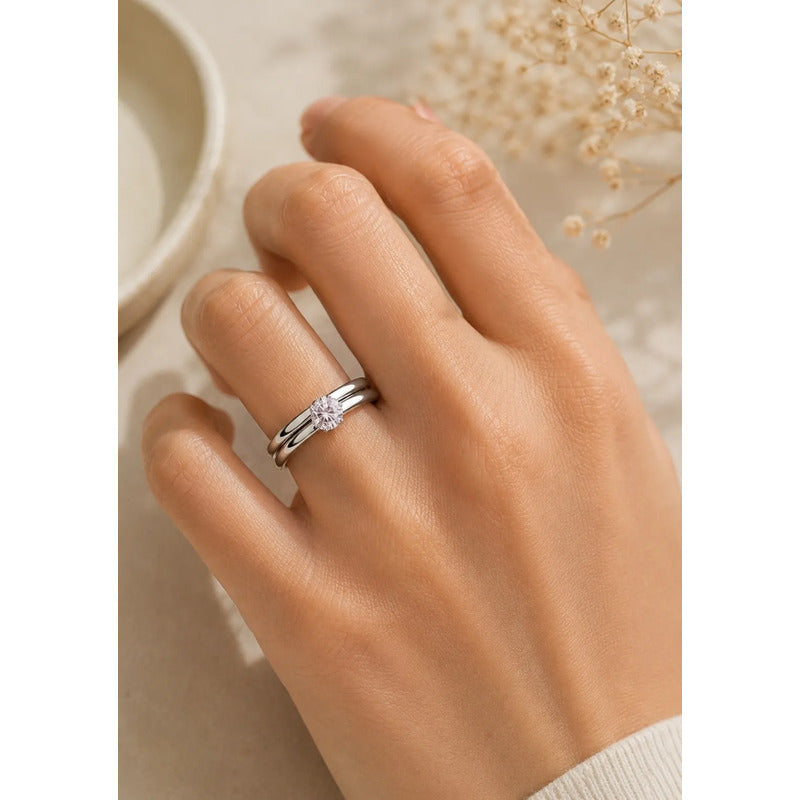 Set 2 Anillos Mujer Acero Inoxidable Zirconia Elegante Plateado 20
