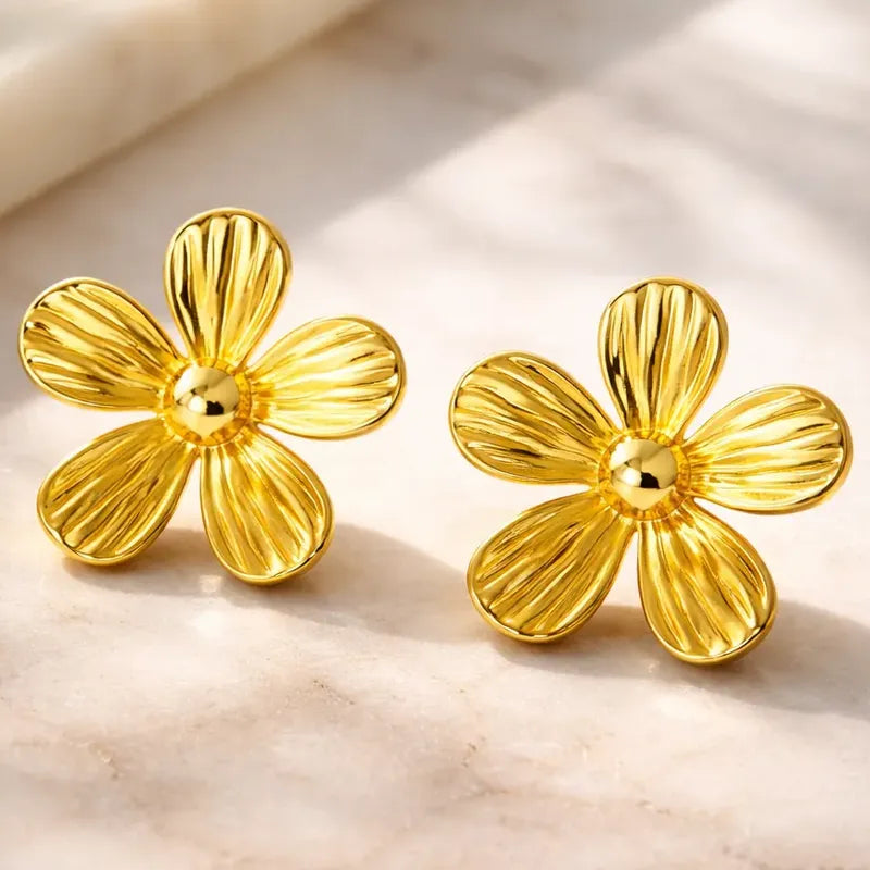 Aros Mujer Flor Acero Inoxidable 2.5cm Moda Elegante Dorado