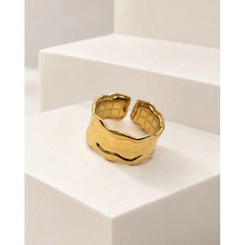 Anillo Mujer Ajustable Acero Inoxidable 316l Diseño Ondulado Dorado Ajustable