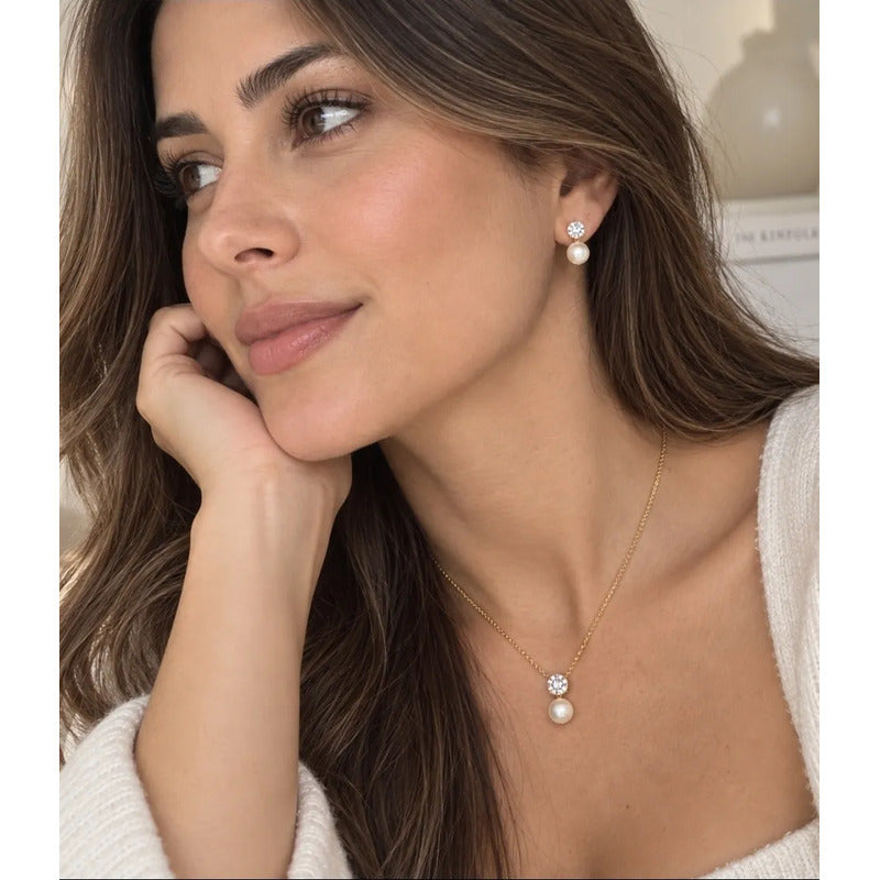 Set Collar Aros Mujer Perla 8mm Enchapado Oro 18k Regalo Dorado