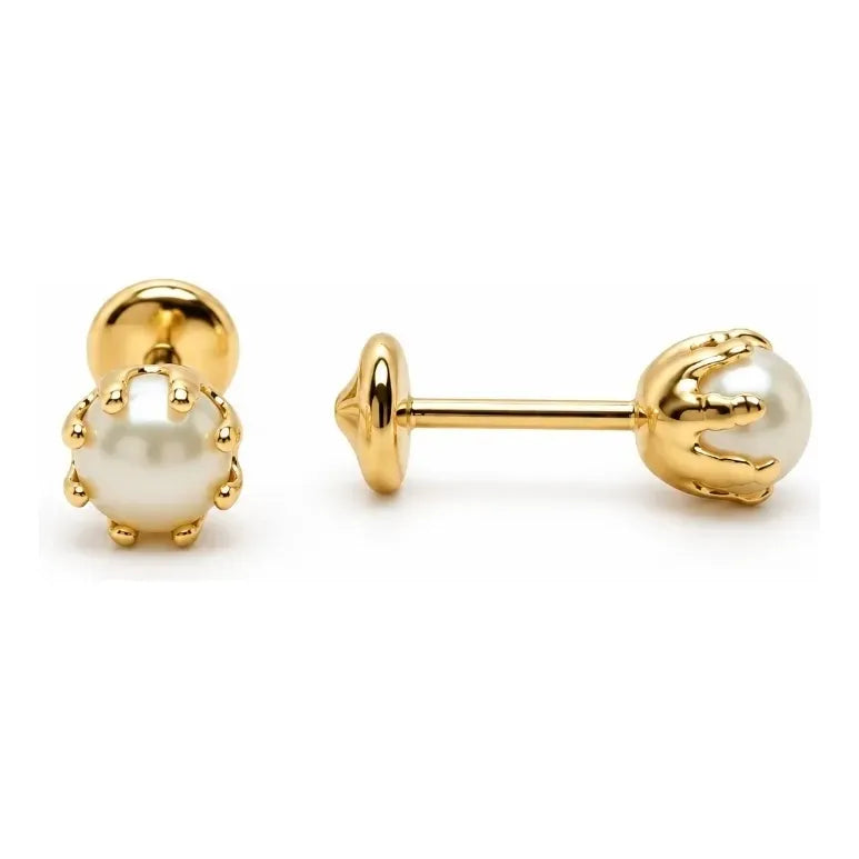 Aros Bebé Niña Perla 4mm Enchapados Oro 18k Tope Seguridad Dorado