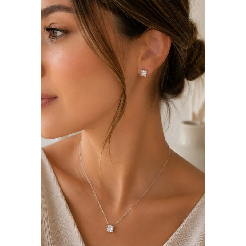 Collar Aros Mujer Set Punto De Luz En Acero Quirúrgico Pack Plateado