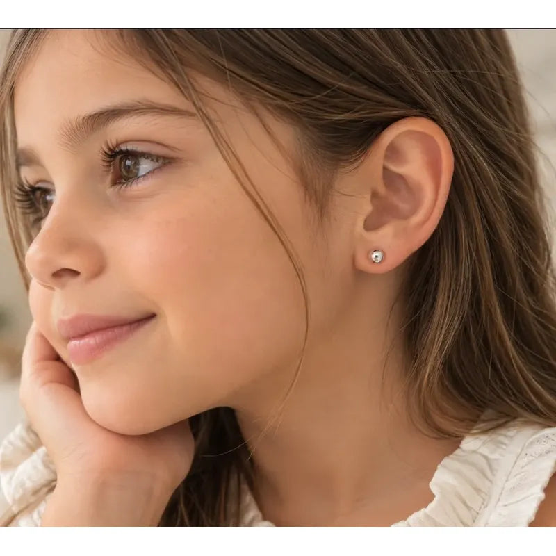 Aros Bebé Niña Plata Bolita 4mm Tope Seguridad Caja Regalo Plateado