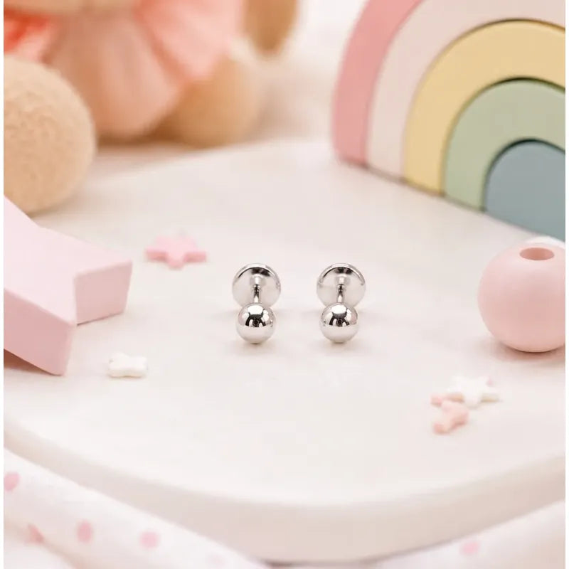 Aros Plata 925 Bebé Niña 3mm Clásicos Bolitas Tope Seguridad Plateado