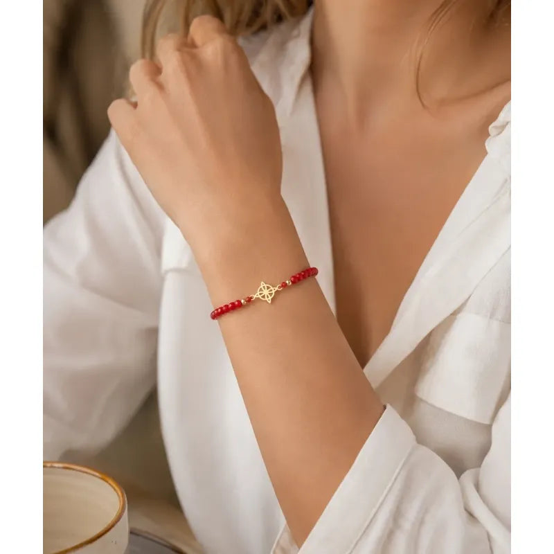 Pulsera Nudo De Bruja Cristales Rojos Protección Y Suerte Dorado 20 Cm