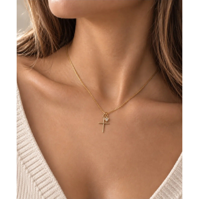 Collar Cruz Mujer Enchapado Oro Dije Corazón Circonita 45cm Dorado
