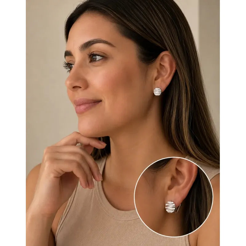 Aros Mujer Sin Perforación Redondos  Textura Enchapado Plata Plateado