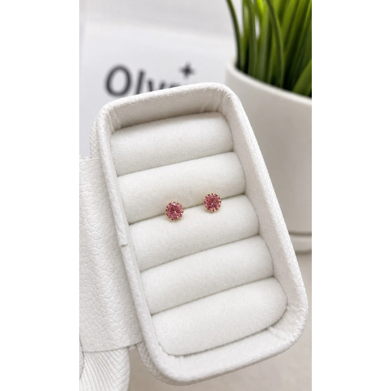 Aros Punto De Luz Oro 18k Enchapado Mujer Niña Tope Seguro Dorado Con Rosa