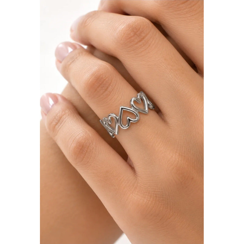 Anillo Mujer Ajustable Acero Inoxidable Tira De Corazones Plateado Ajustable