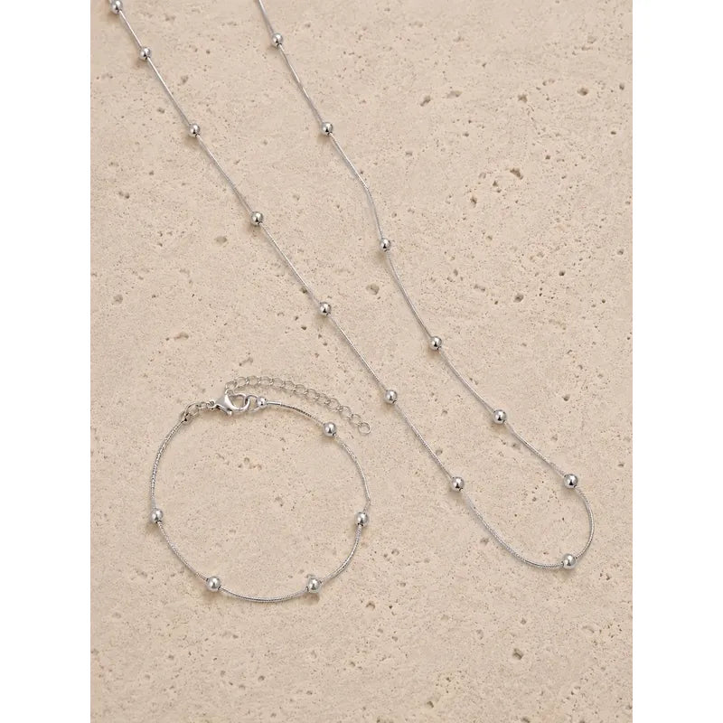 Set Collar Y Pulsera Acero Inoxidable Femenino Plateado Con Balines