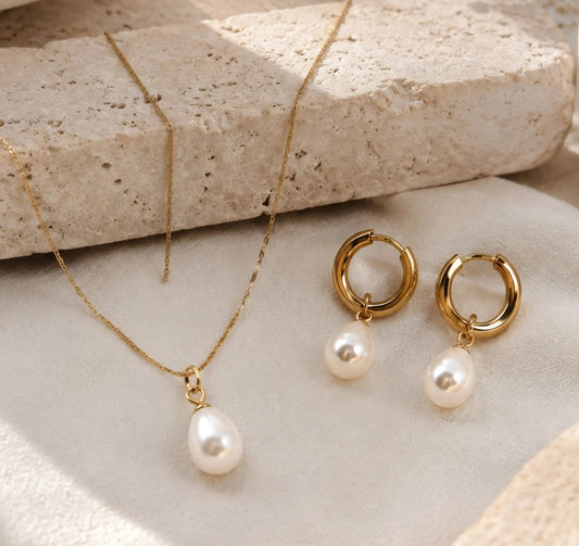 Collar Aros Perla Mujer En Acero Y Enchape Set Con Caja