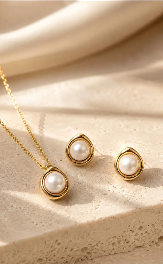 Collar Aros Mujer Perlas Acero Inoxidable Enchapado En Oro
