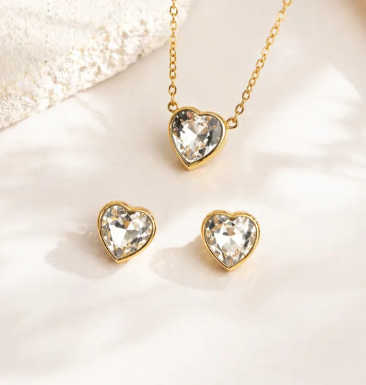 Set Joyas Corazón Acero Inoxidable Dorado Collar Aros Regalo