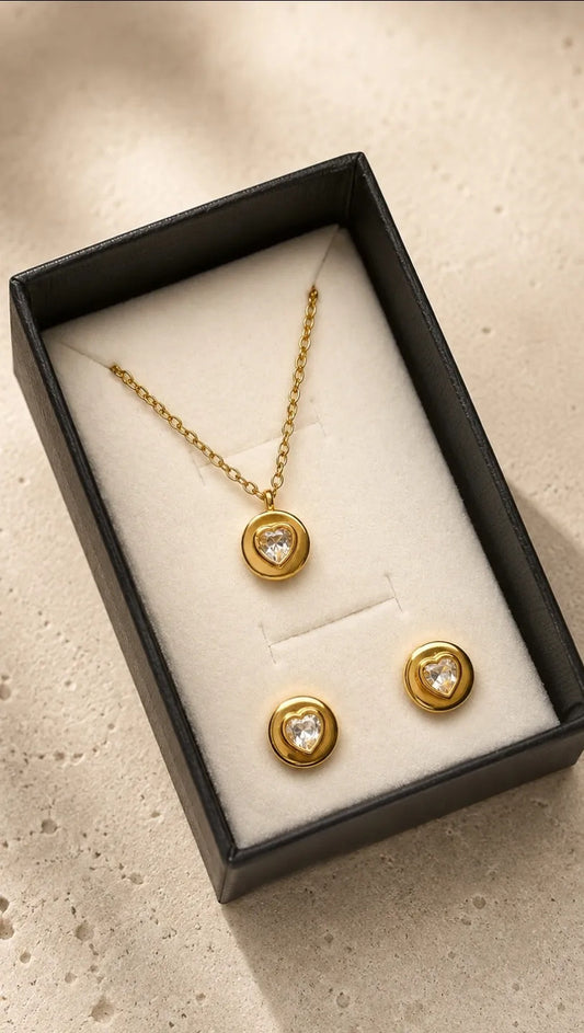 Collar Aros Mujer Set Corazon Brillo Acero Inoxidable Regalo