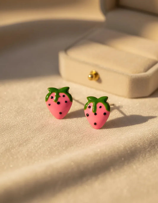 Aros Frutilla Plata 925 Niña 1cm Rosa Caja Joyería