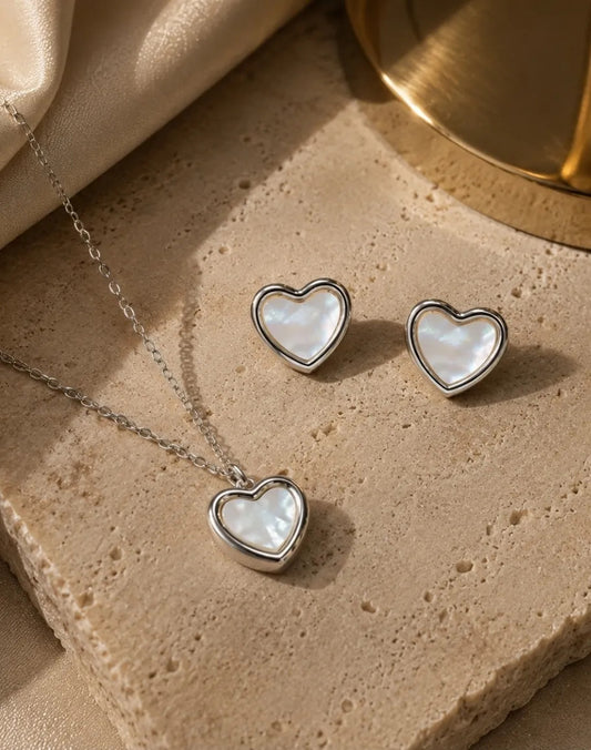 Set Collar Aros Mujer Acero Inoxidable Corazón Nacar Regalo